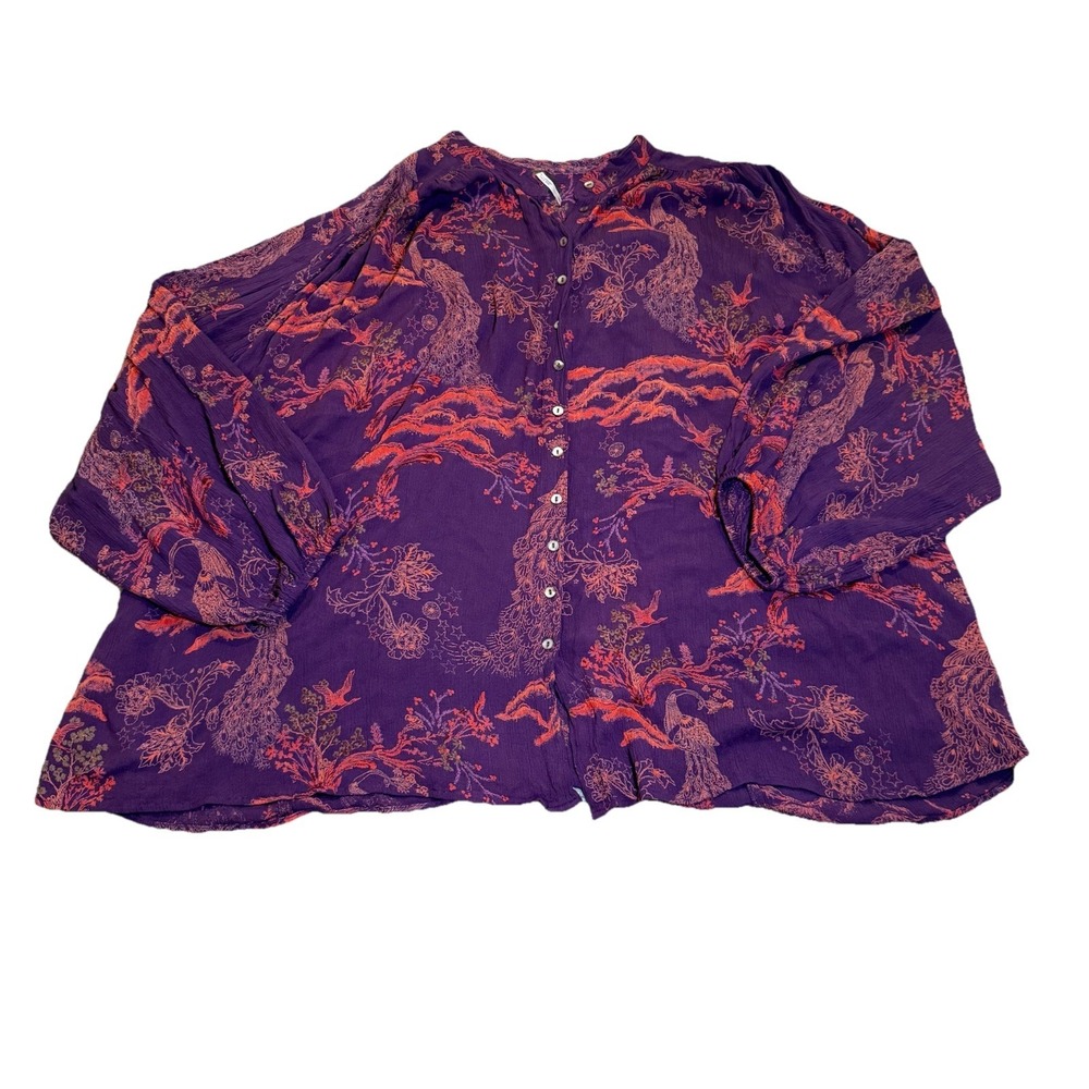 Free People Metallic Blooms Floral Peacock Tunic Purple Gauzy Oversized Size L‎